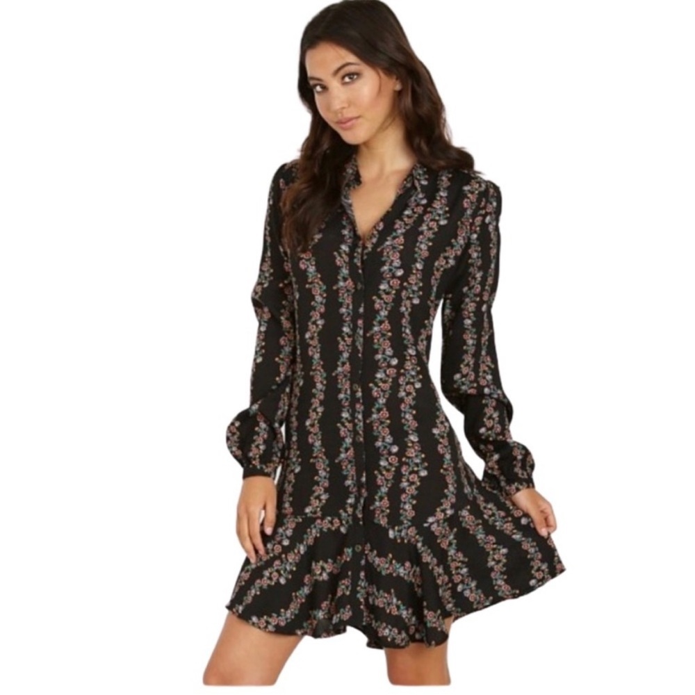 Free People Floral Black Long Sleeve Button Down Mini Dress, Size M